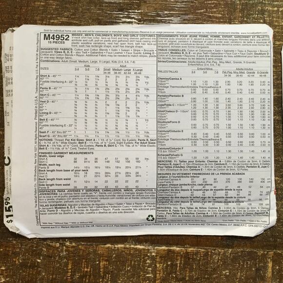 McCalls Sewing Pattern M4952 Adult And Child Set Pirate  Halloween Costume UNCUT - Picture 2 of 2